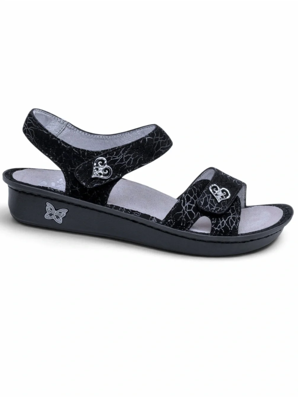 Alegria Vienna Waverly Black Crackle Leather Velcro Silver Heart Sandals NWOT